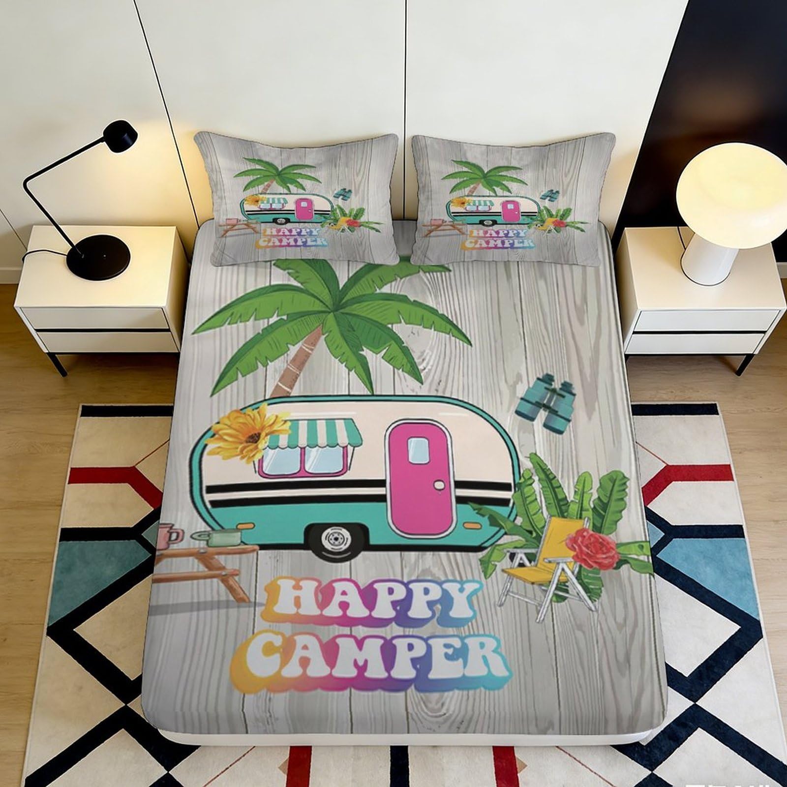 Pnayamiorkfel Style-9 3D Printed Palm Tree Camper Fitted Sheet Microfiber Soft Mattress Cover For Bedroom Dorm Decorative Protection 90X200x25cm