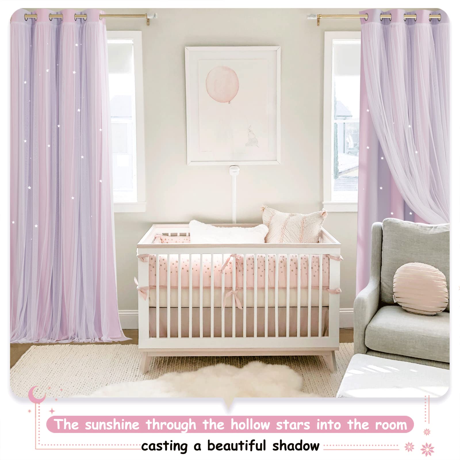 NICETOWN Tende Oscuranti per Camera da Letto Doppio Velo con Stelle Vuote 2 Pezzi 132x280 cm Rosa Viola