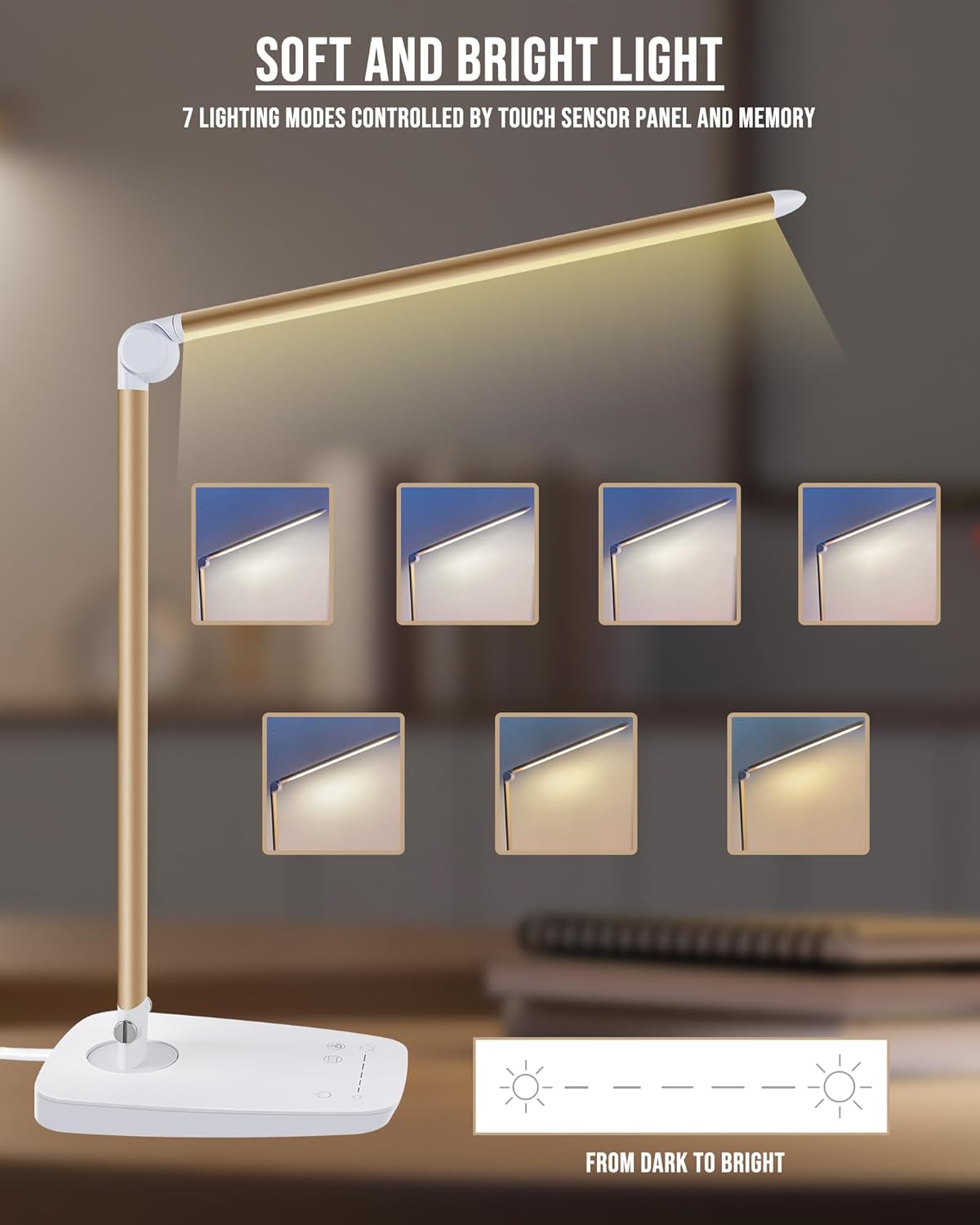 Lichamp DLA06GD LED Desk Lamp demonstrating 7 lighting modes