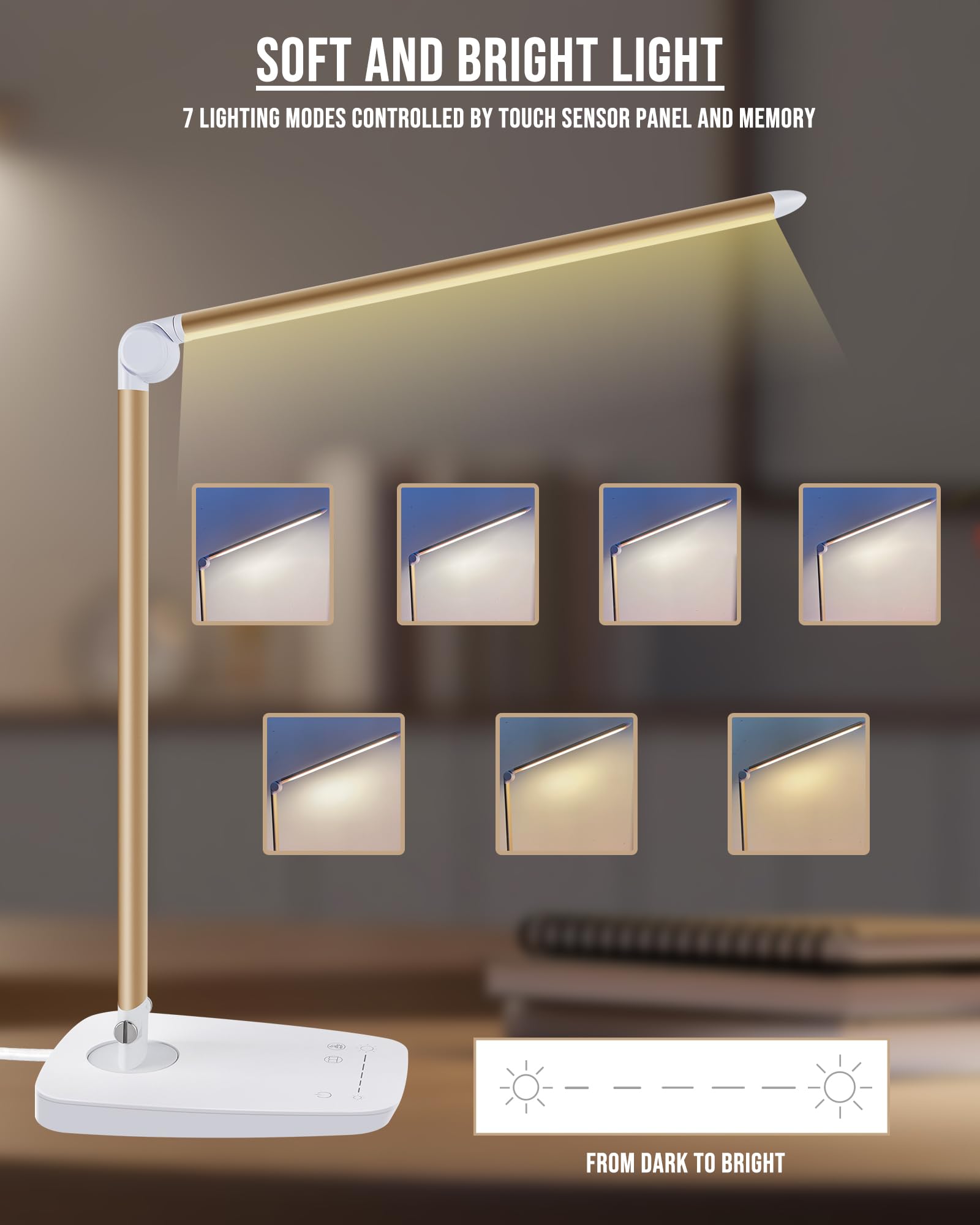 Lámpara de escritorio LED regulable con puerto de carga USB, control táctil, plegable, cuello de cisne de rotación libre, lámpara de mesa ajustable para el cuidado de los ojos, luz de lectura 4