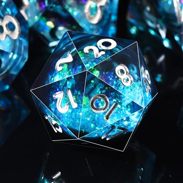 SIQUK 7 Piezas Dados Poliedricos Juego Dados DND Dice Dados Nucleo Liquido D4 D6 D8 D10 D12 D20 D% Dados para DND RPG MTG Dungeons and Dragons, Azul & Negro - 1
