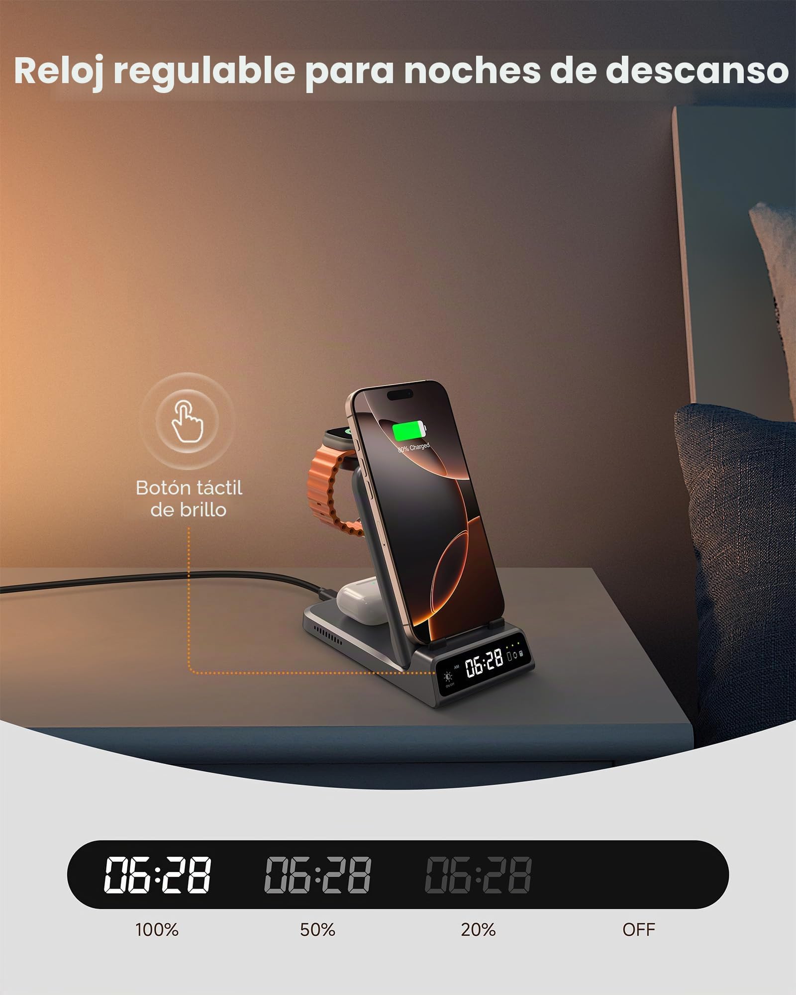 Cargador Inalámbrico para iPhone, SwanScout 703A, Estación de Carga para iPhone 17/16e/16 Pro Max/16 Pro/15/14/13 Serie, 3 en 1 para Apple Watch Ultra 2/10/9/8/7/Air-Pods, Sin Adaptador (Gris Tecn)