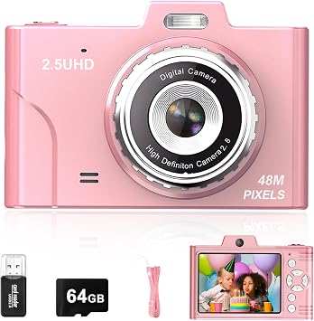 Digital Camera for Kids, 48MP 1080P FHD Camera with 64GB Card, 8X Digital Zoom Point and Shoot Digital Camera Compact Small Camera Gifts for Teens Students Children Kids Boys GirlsPink