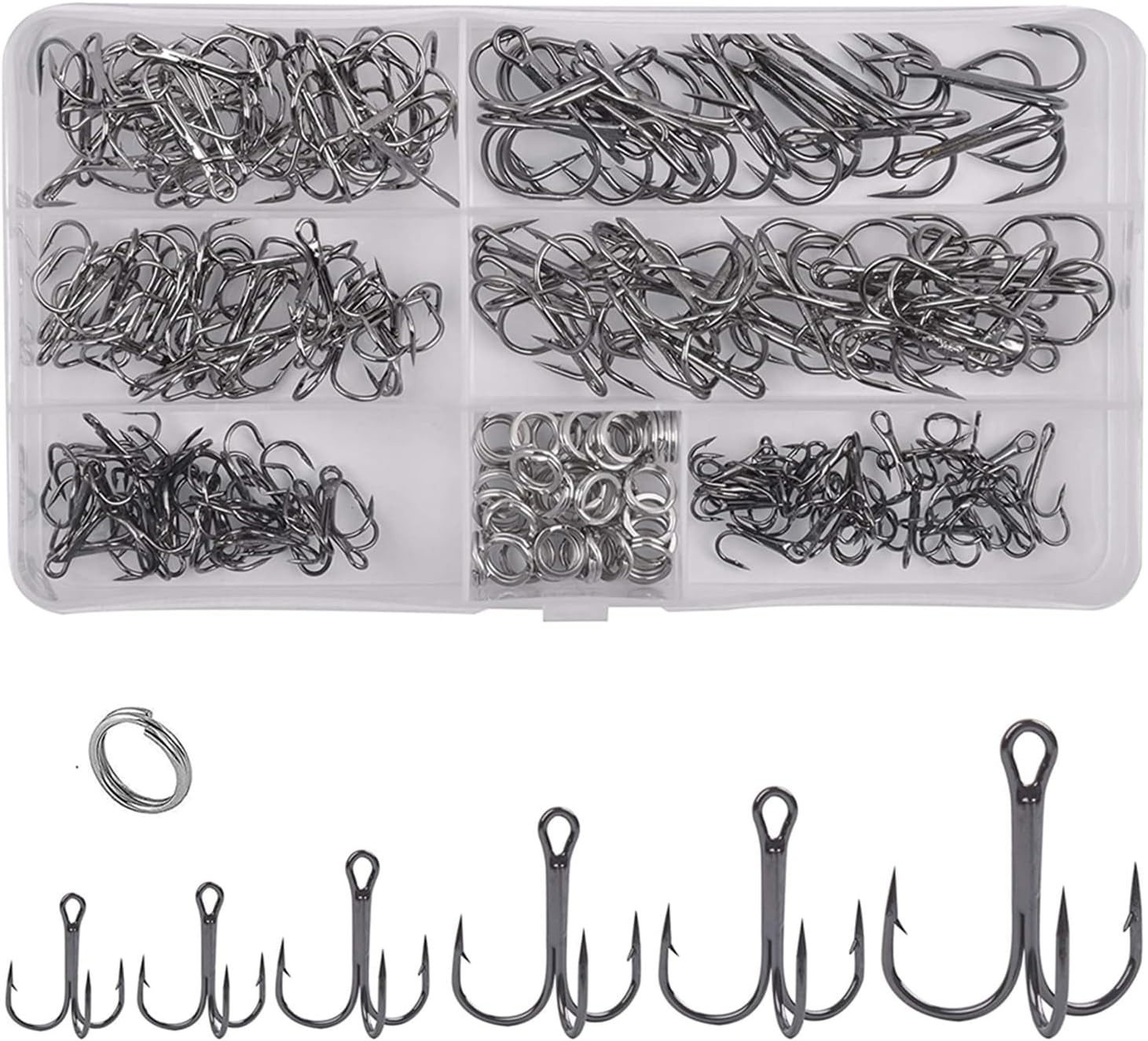 Fish Hooks 180pcs/Box Treble Fishing Hooks Sharp Round Bend Triple Hook Barbed Fishhooks with Split Rings Set for Bass Fishing Tackle Fishing Accessories