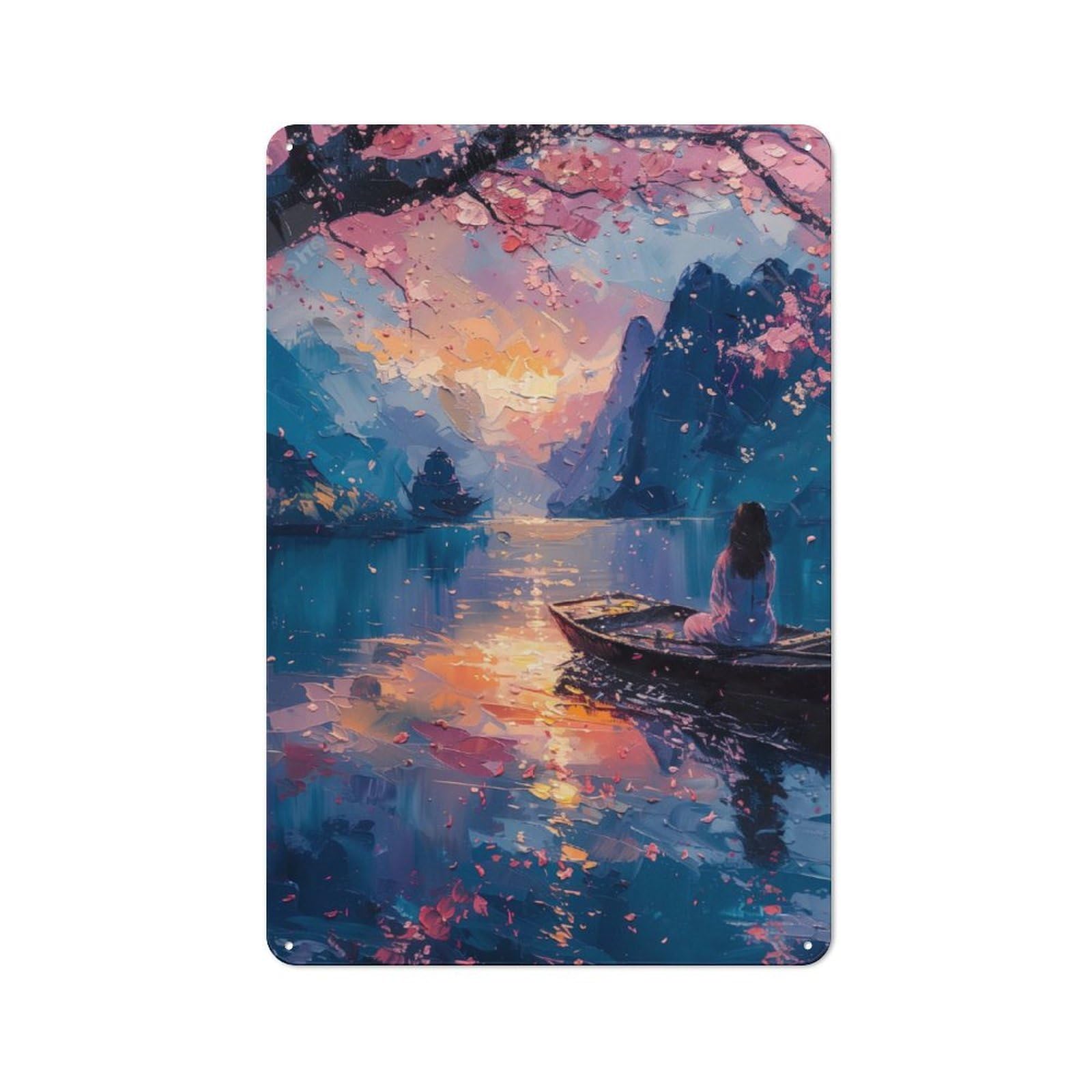 Junmoney Cherry Blossom Lake Metal Sign 30X20cm With For Garage Wall, Vintage Decor, Tin Sign Wall Decor For Garages And Workshops