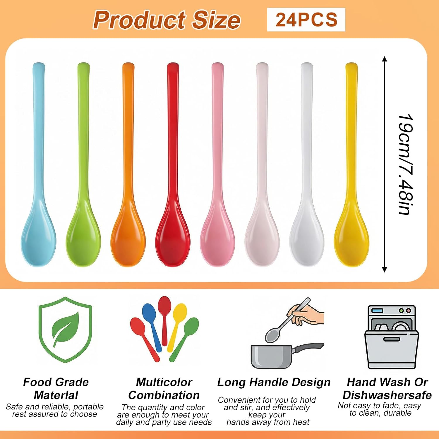 24 Pcs 7.5" Plastic Iced Tea Spoons, Colorful Teaspoons Long Handle Mixing Spoons for Smoothies, Coffee, Cocktails (8 Colors)