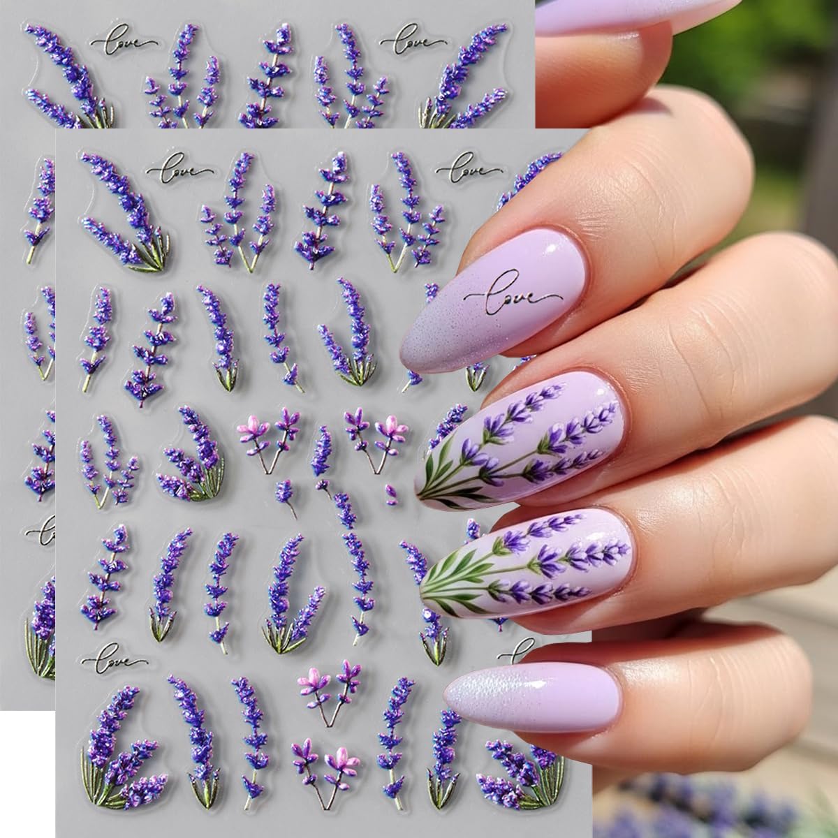 Flower Nail Art Stickers Decals 5D Embossed Purple Flower Nail Decals 2PCS Lavender Floral Spring Nails Design Adhesive Sliders Flower Stickers Summer Nail Art Decorations Supplies for Women Girls