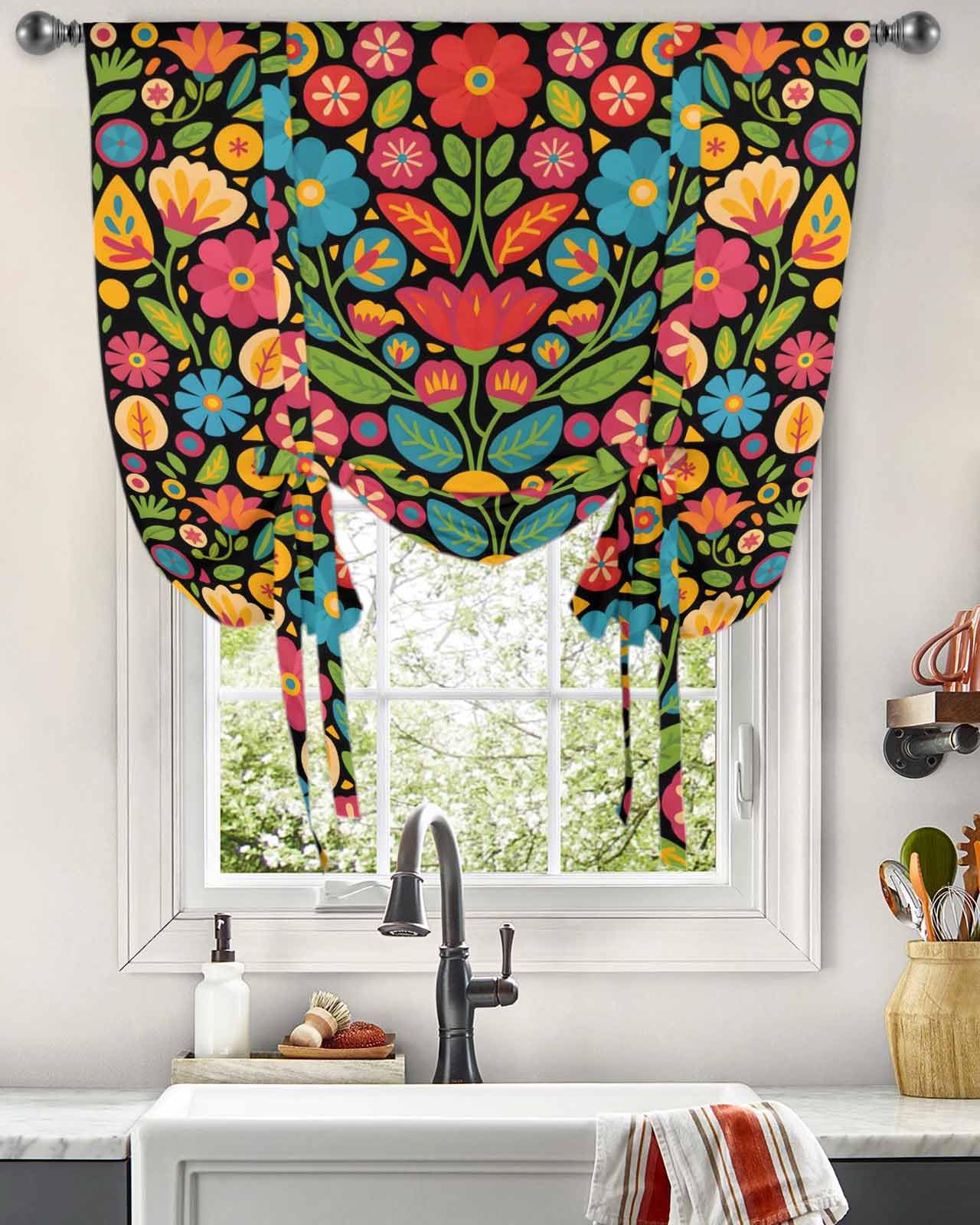 Colorful Flowers Tie Up Curtains for Windows 45 Inch Length Balloon Curtains Kitchen Adjustable Balloon Window Shade Boho Ethnic Floral Plants Texture Tie Up Valance Bathroom Curtain Window 52