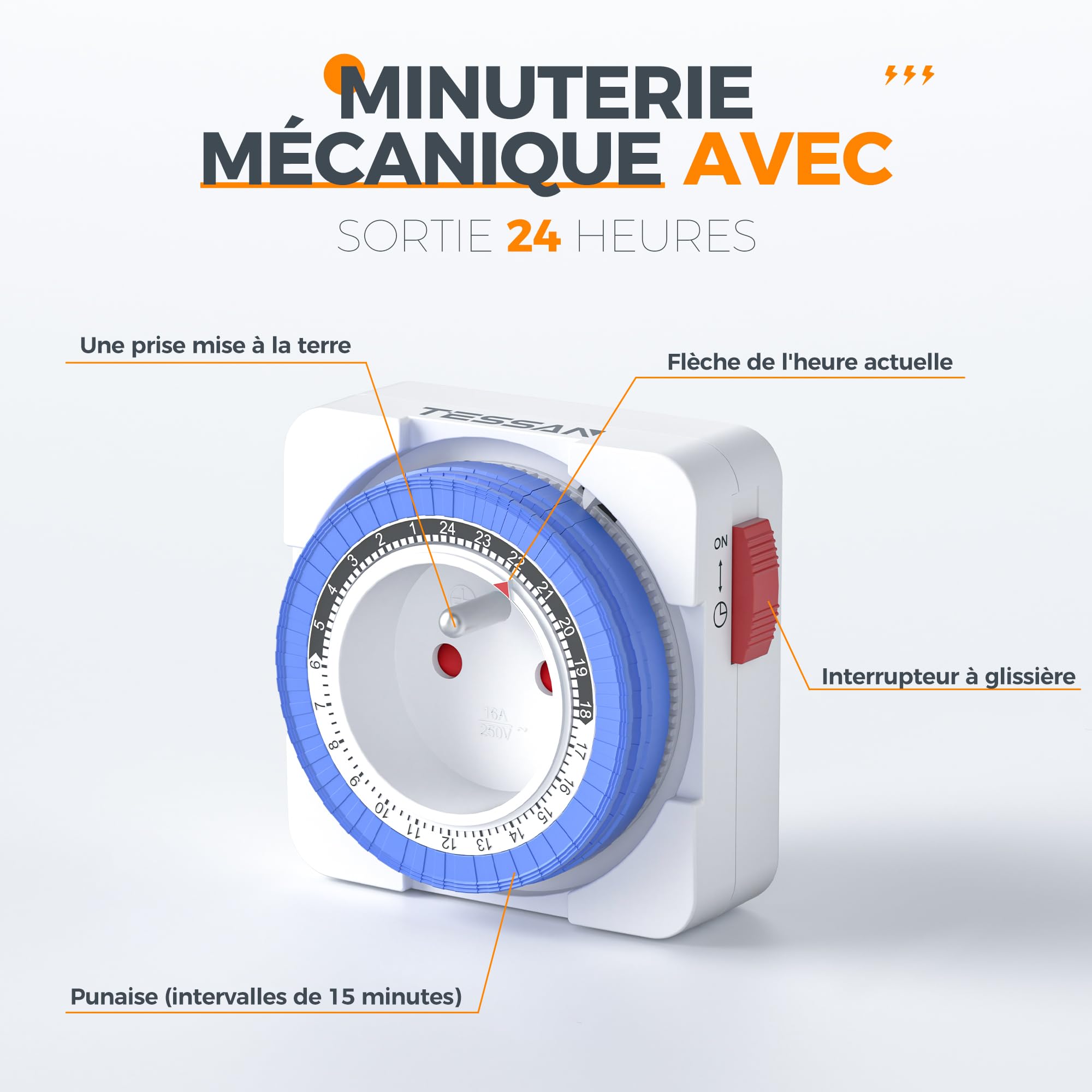 TESSAN Prise Minuteur Programmable 24 Heures 3680W 96 Segments Intervalle 15 Minutes