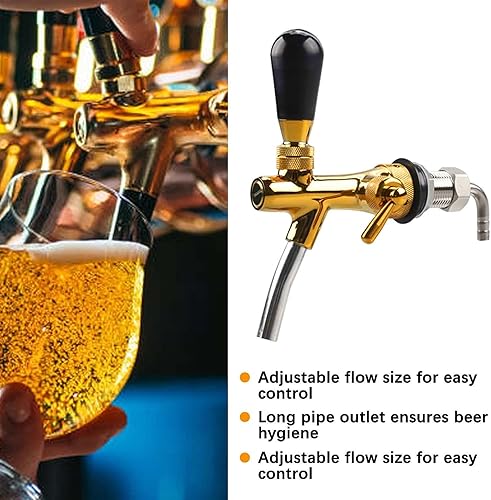 Miniatura 4 de Grifo de cerveza ajustable dorado  Controlador de flujo, grifo de barril de cerveza, vástago cromado G58 con tuerca hexagonal de cerveza con codo de