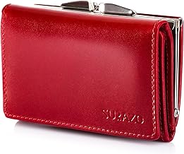 SURAZO® Women's Leather Purse Small Many Compartments – Purse with 12 Card Slots [RFID Protection] [Coin Compartment] Genuine Leather Wallet Women Wallet Flip Wallet, red