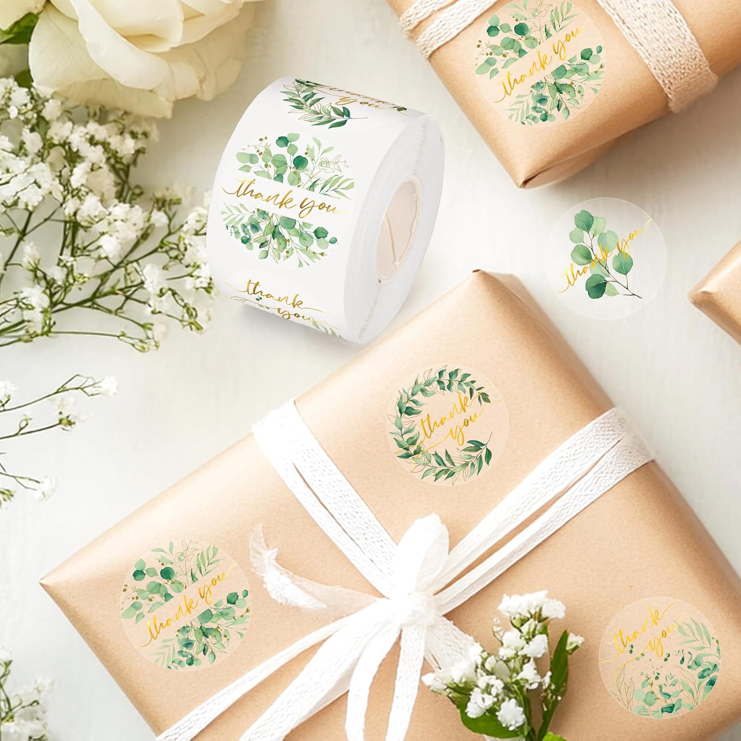 500 Pcs Greenery Gold Foil Thank You Stickers Clear Eucalyptus Leaves Seal Stickers Self-Adhesive Transparent Decals for Small Business Mail Packaging Wedding Birthday Baby Shower, 4 Designs - Image 5