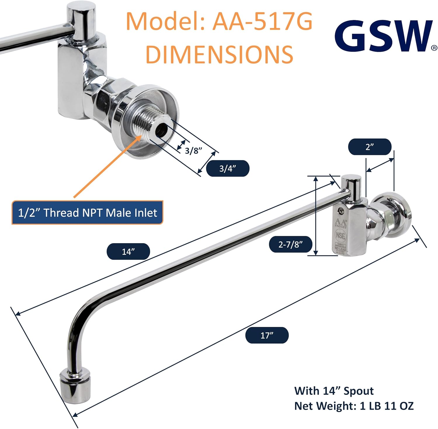 AA Faucet Wok Range Center-On Automatic Faucet with 14" Spout & 1/2" Male Inlet for Restaurant Kitchen AA-517G (1/2" Inlet 14" Spout)