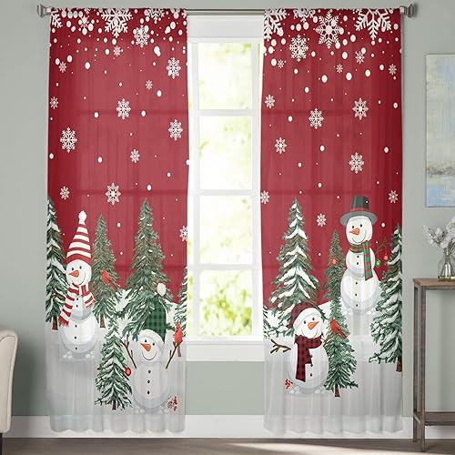 Miniatura 2 de Cortinas de Navidad de gasa transparentes de 84 pulgadas de largo, para invierno, árbol de Navidad, muñeco de nieve y copos de nieve, cortinas rojas