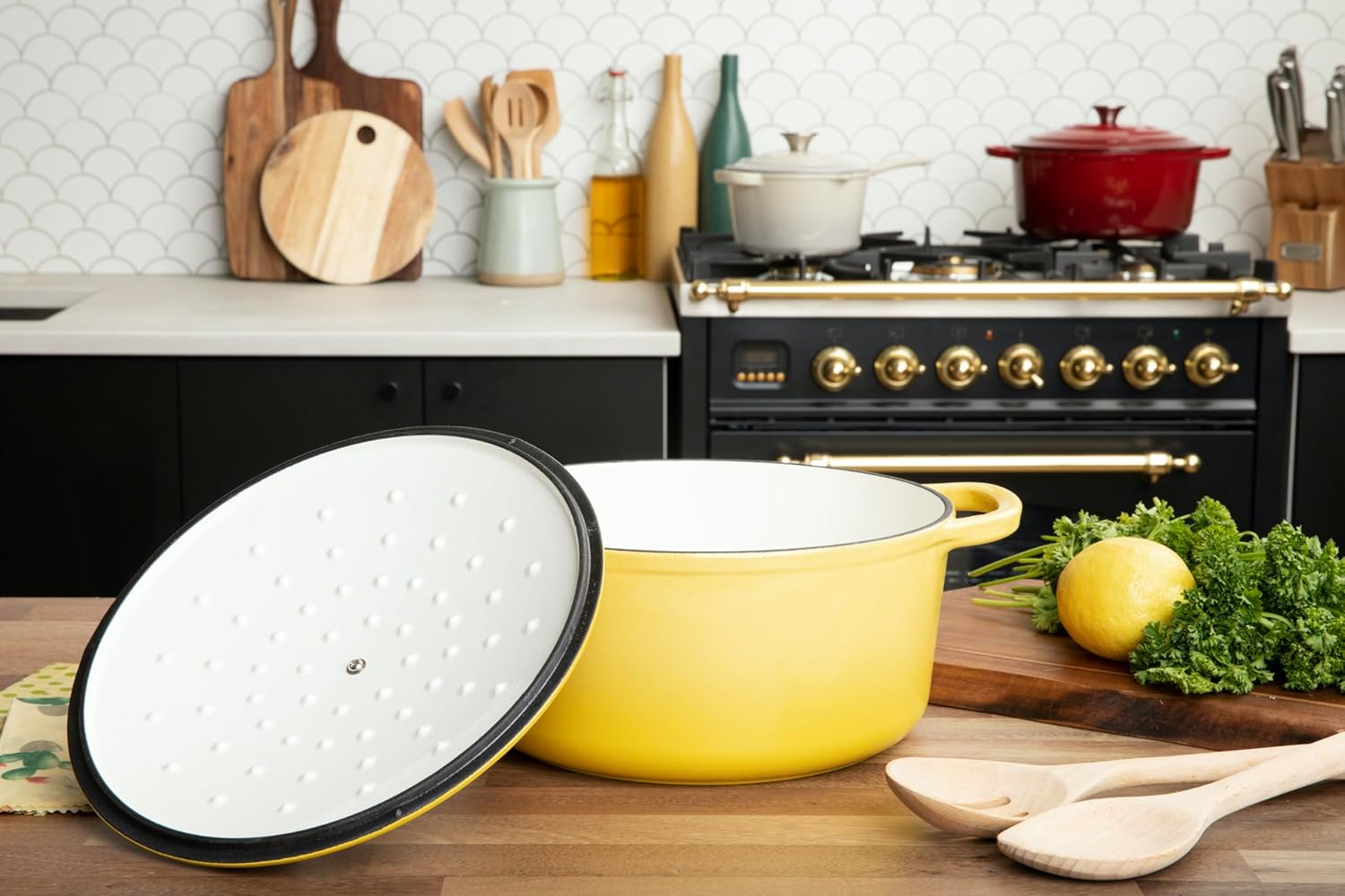 Larder & Vine 4-Piece Enameled Cast Iron Set, Oven Safe and Suitable for All Cooktops – includes 5.7 Quart Dutch Oven Pot with Lid and 2.2 Quart Saucepan with Lid (Limoncello)