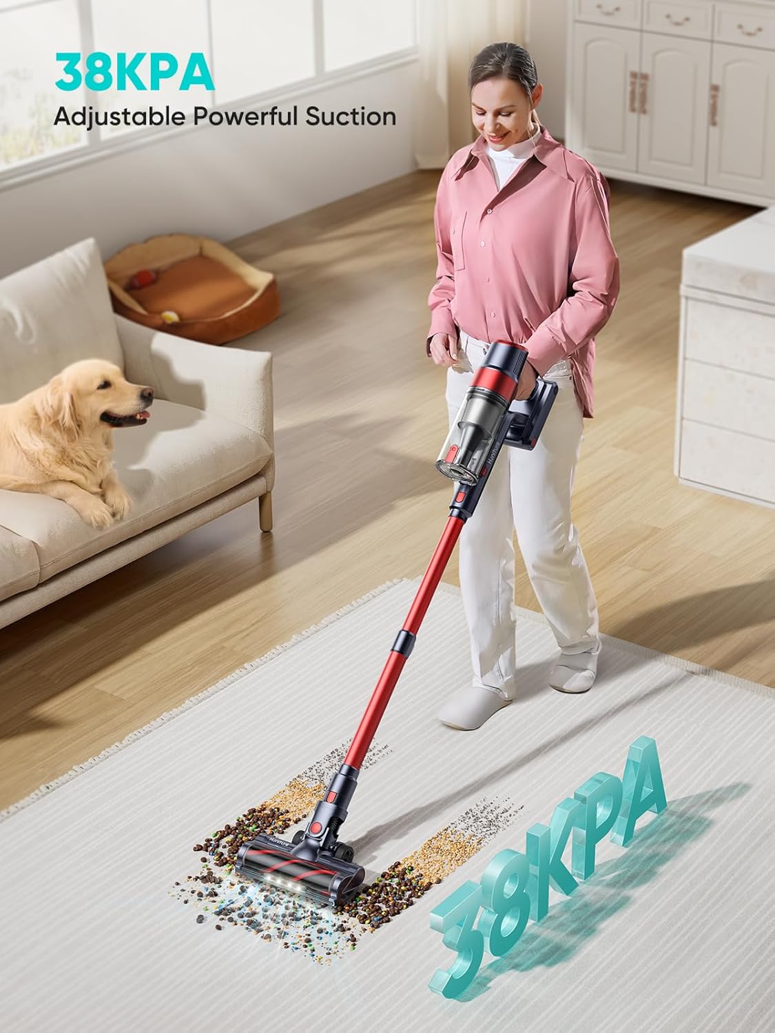 Woman vacuuming a rug with the HONITURE S13 Pro, highlighting 38KPA suction