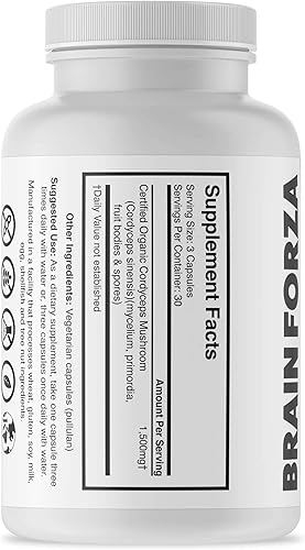 Miniatura 2 de Brain Forza Cápsulas Cordyceps orgánicas, hongo Cordyceps Sinensis para apoyo energético y resistencia, resistencia y rendimiento deportivo, sin