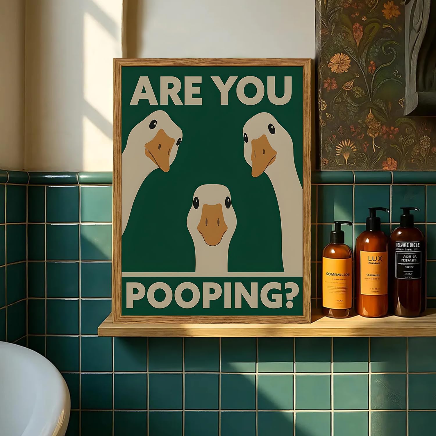 Framed Funny Goose Bathroom Wall Art, Are You Pooping Sign Pictures Wall Decor, Cute Farmhouse Animal Paintings Canvas Prints Humorous Home Decor for Restroom Toilet 12x16 inch