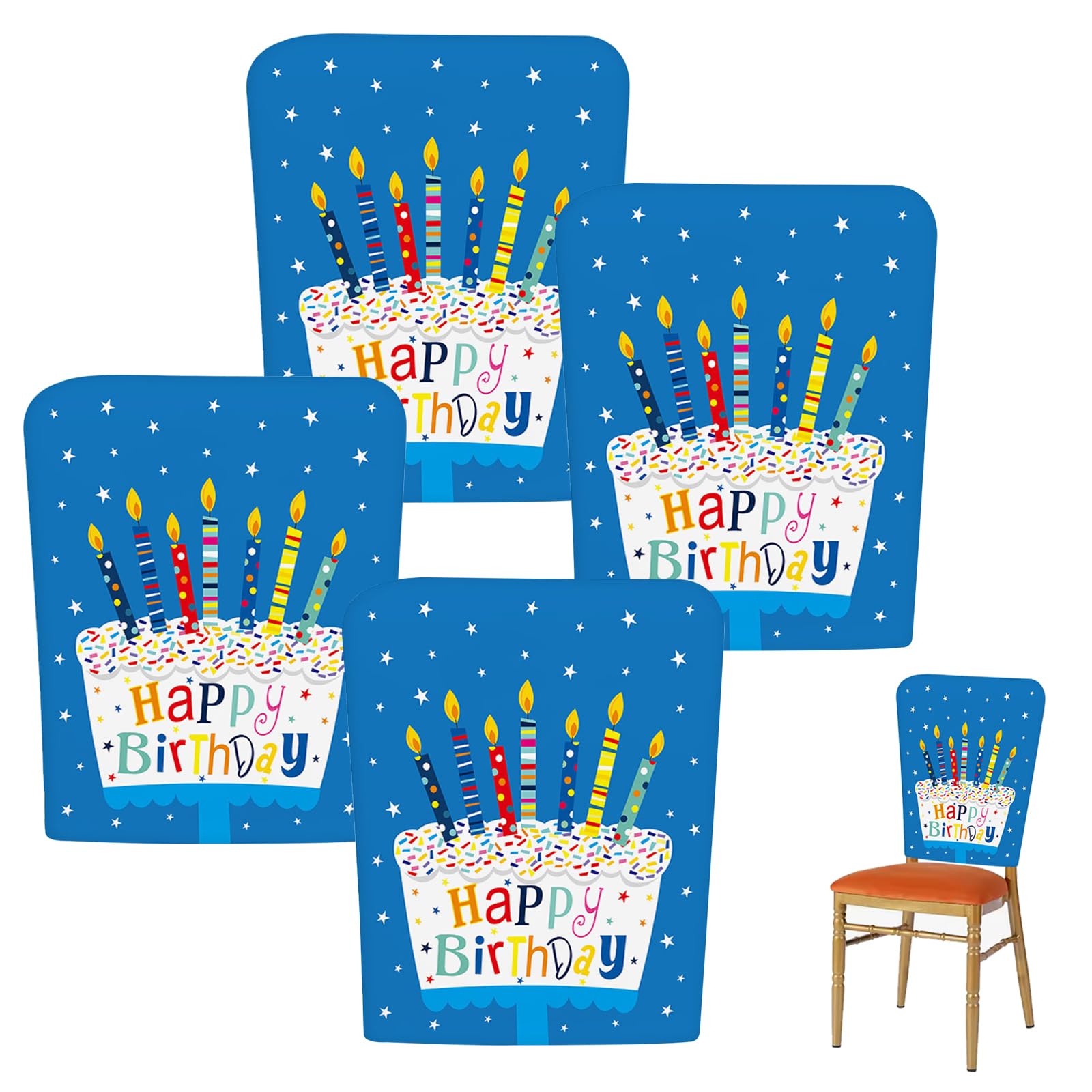 Photo 1 of 2 Pcs Happy Birthday Stretch Chair Cover 20"×23.5" Reusable Washable Seat Cover Birthday Cake Chair Cover for Classroom Student Party Decor for Office Classroom School Home Dining Party(Blue)