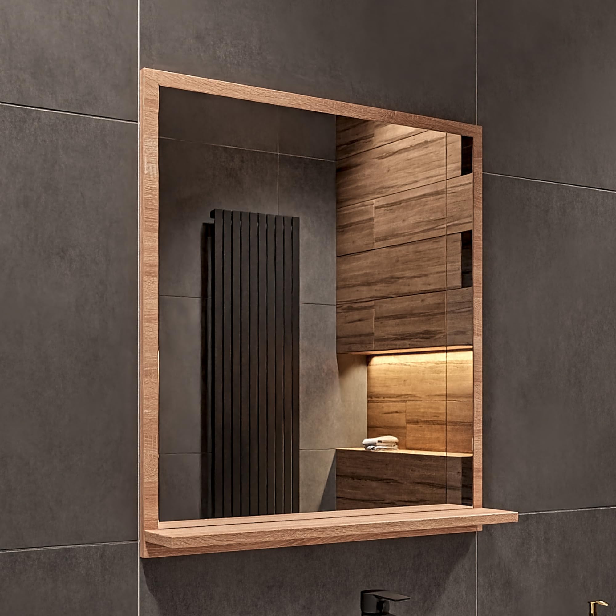 Lustro łazienkowe z półką 60x70 cm sonoma – nowoczesne lustro do łazienki na ścianę – prostokątne lustro z półką – lustro łazienkowe wiszące premium
