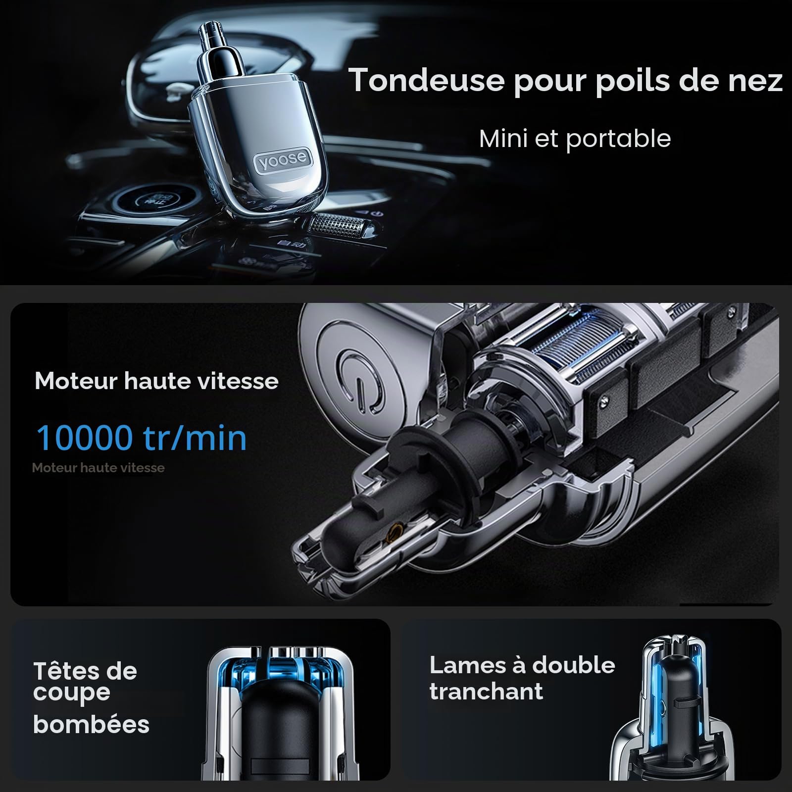yoose Tondeuse à poils de nez pour hommes en alliage, épilation du nez sans douleur, IPX7 étanche Tondeuse à poils de nez avec super silencieux 10 000 tr/min et double lame antirouille, rechargeable