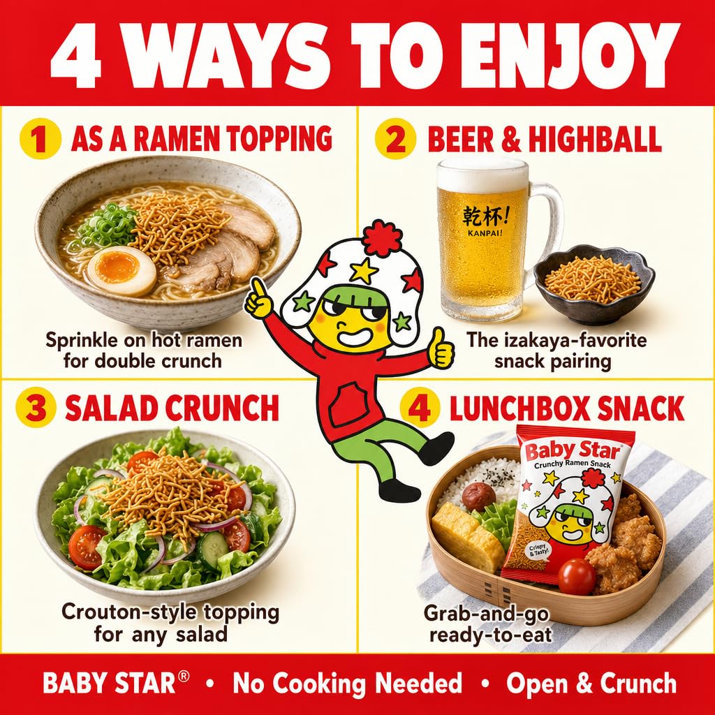 Baby Star Tonkotsu Crunchy Ramen Snack Wide | 69.7 g (6 Pack) | Delicious Dry Ramen Snack Packs