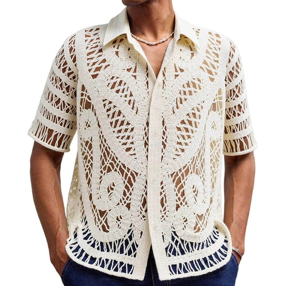 Herren Button-Down-Hemd Kurzarm Häkeln Aushöhlen Stricken Sommer durchsichtige Urlaub Strandhemden