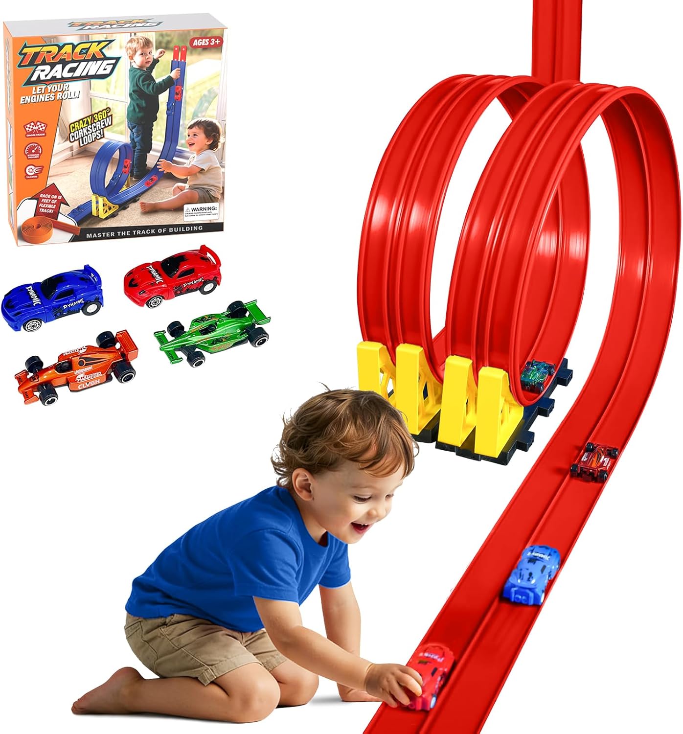 15 Ft Flexible Race Track for Kids 3+, Flexible Car Track Race Car Ramp Track Compatible with Hot Wheels and Diecast 1/64th Cars, Portable Rolls Up Race Tracks with Strong Suction Cups (Red)