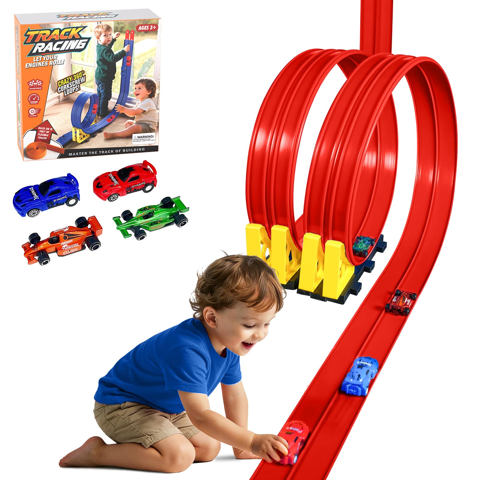 15 Ft Flexible Race Track for Kids 3+, Flexible Car Track Race Car Ramp Track Compatible with Hot Wheels and Diecast 1/64th Cars, Portable Rolls Up Race Tracks with Strong Suction Cups (Red)