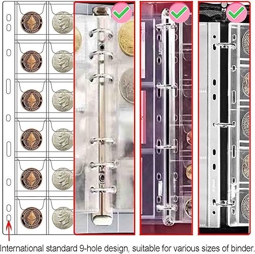 Miniatura 10 de Páginas de monedas de 42 bolsillos para coleccionistas, páginas estándar de colección de monedas de 9 agujeros que se adaptan a la mayoría de