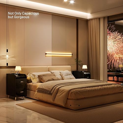 Miniatura 7 de Mesita de noche con luz LED, estación de carga, 3 cajones profundos y estantes, moderna mesa auxiliar de madera con parte delantera brillante para