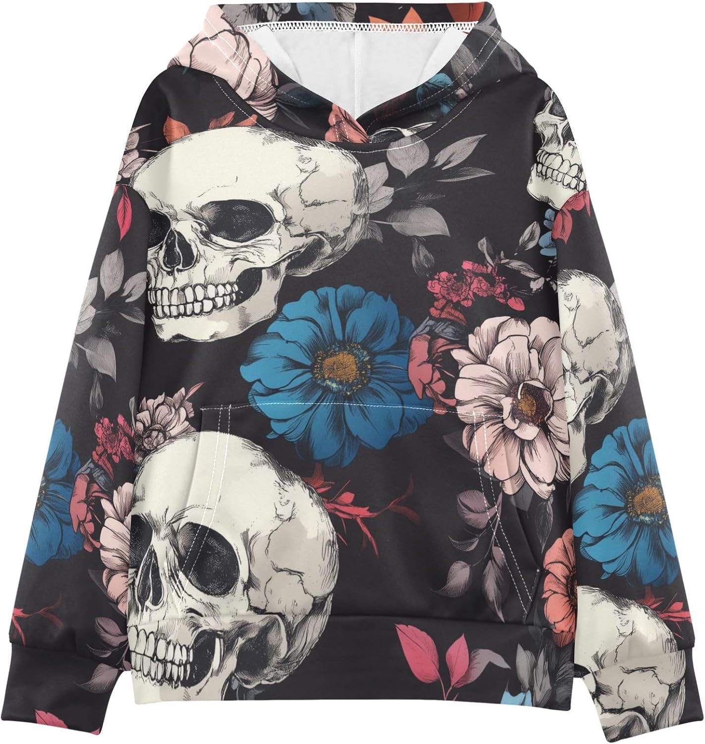 ZZXXB Skull Colorful Flowers Kids Sweatshirts Boys Girls Hooded Kangaroo Pocket Pullover Tops XS-XXL