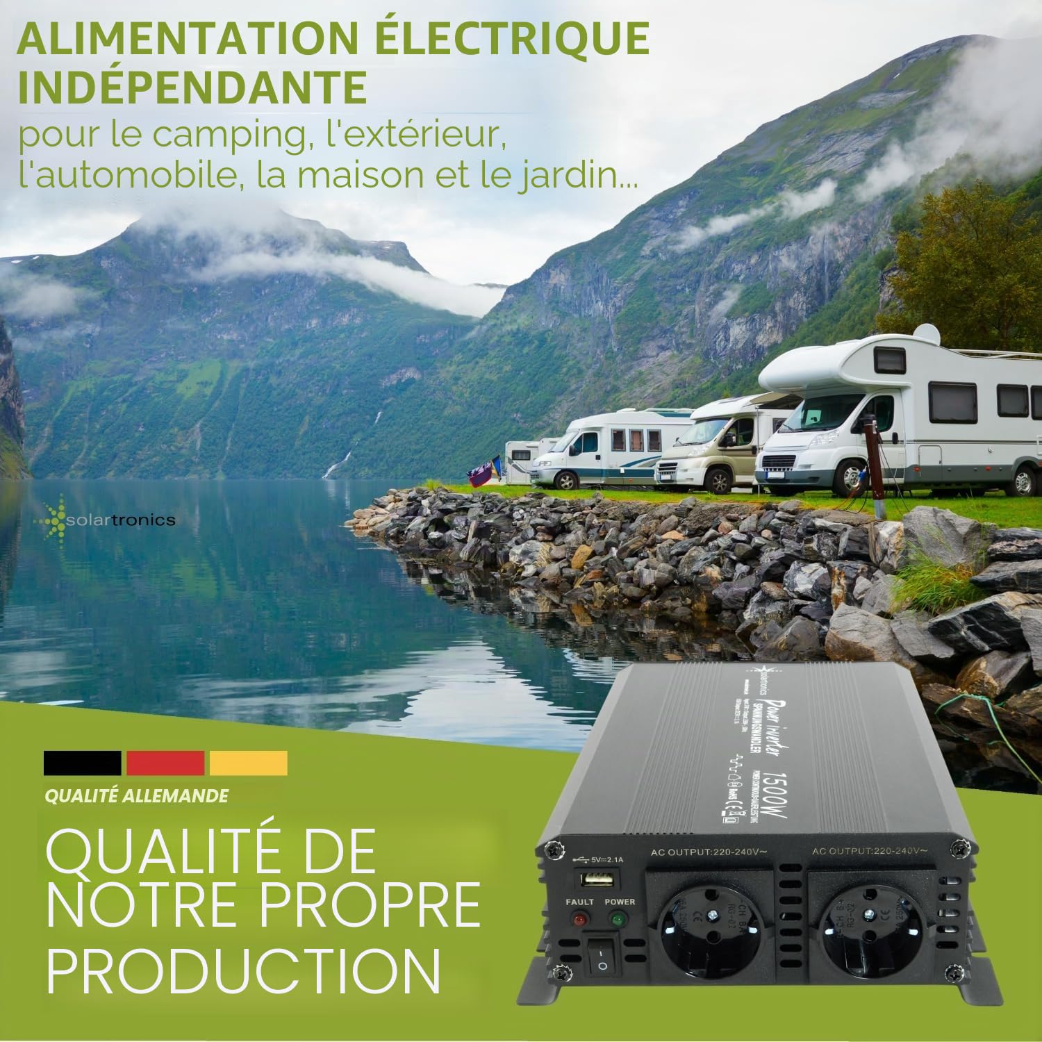 SOLARTRONICS NM 1500 Convertisseur de Tension 24V 230V Sinus modifié 1500W - 3000W Puissance de crête - Onduleur 24V à 230V convertisseur de Courant avec Prise Schuko & USB