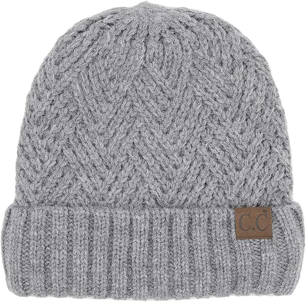 C.C Unisex Chunky Soft Stretch Cable Knit Warm Fuzzy Lined Skully Beanie