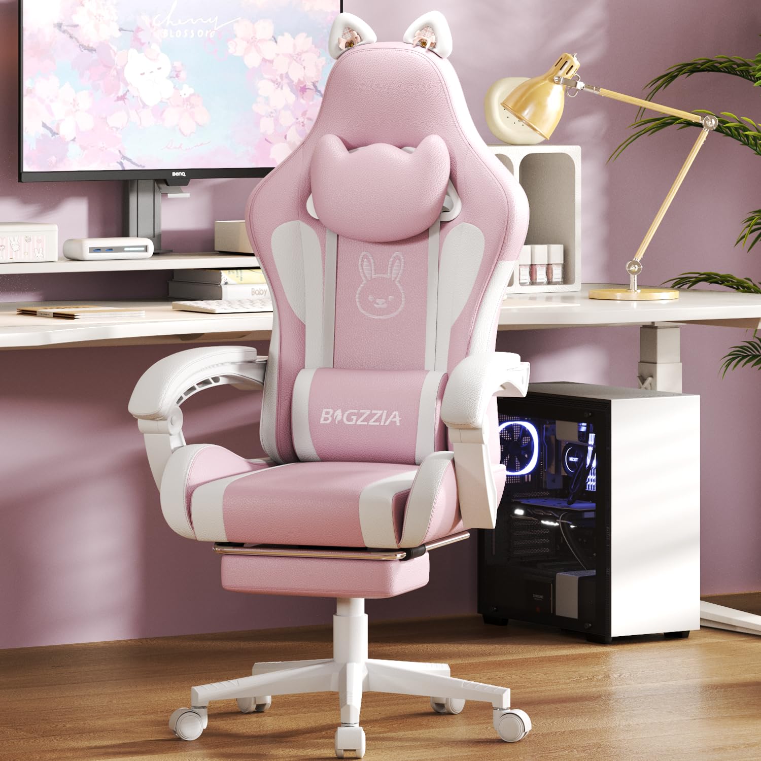 Racingreat Gaming Chair with Cat Ears for Girls Adults, Height Adjustable Reclining Computer Game Chair Comfortable with Headrest and Massage Lumbar Support (Pink/White)