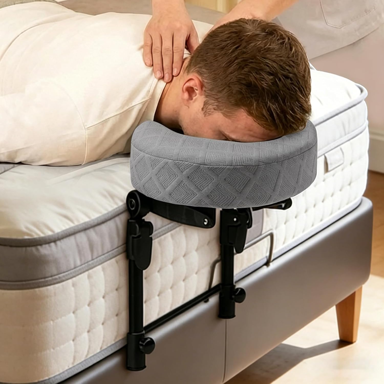 Massage Headrest for Bed, Adjustable Height Memory Foam Face Cradle with Washable Pillowcase, Gray