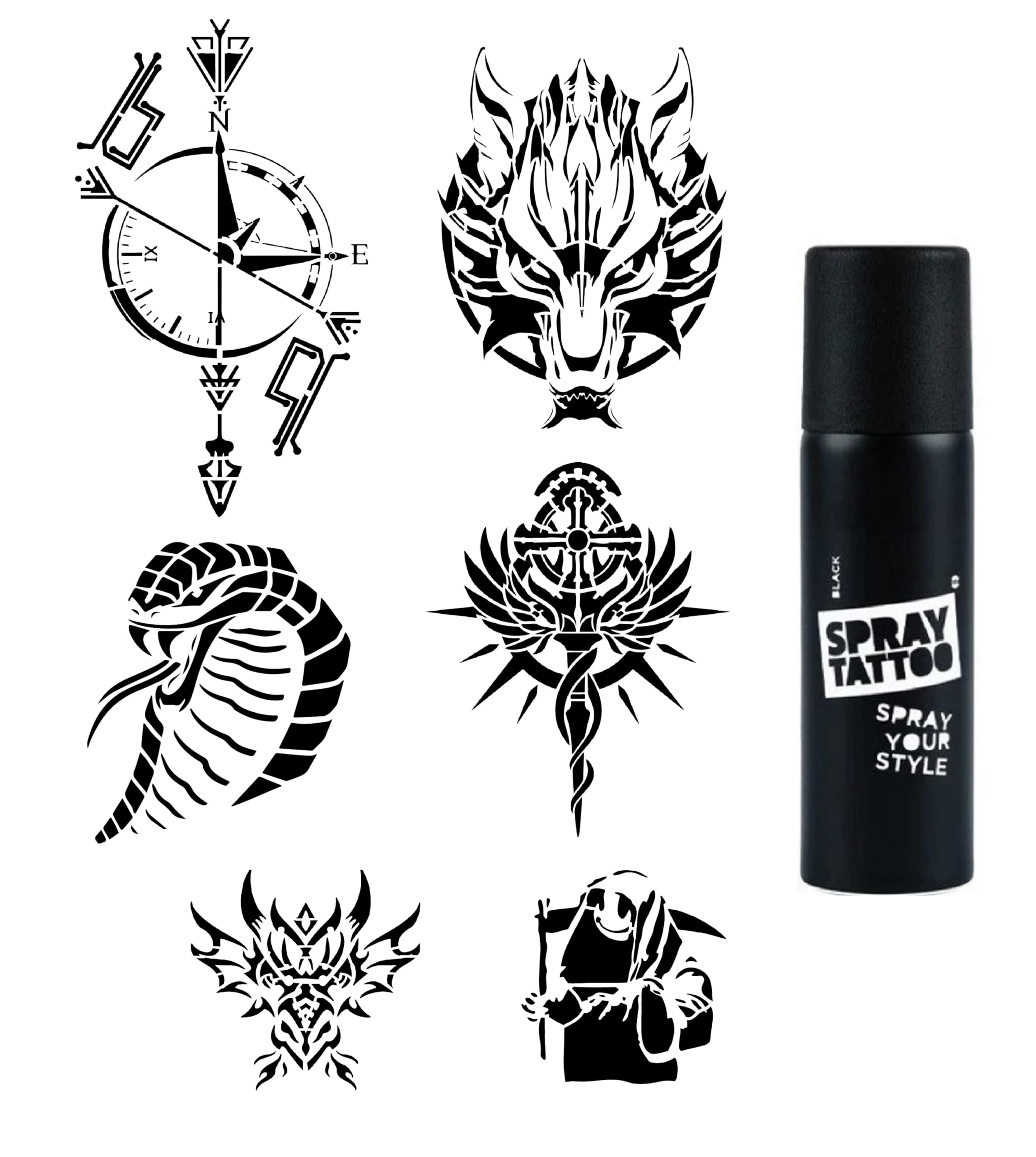 Pusula Kobra Modelleri Spray Tattoo Geçici Dövme Seti Dark Siyah Sprey