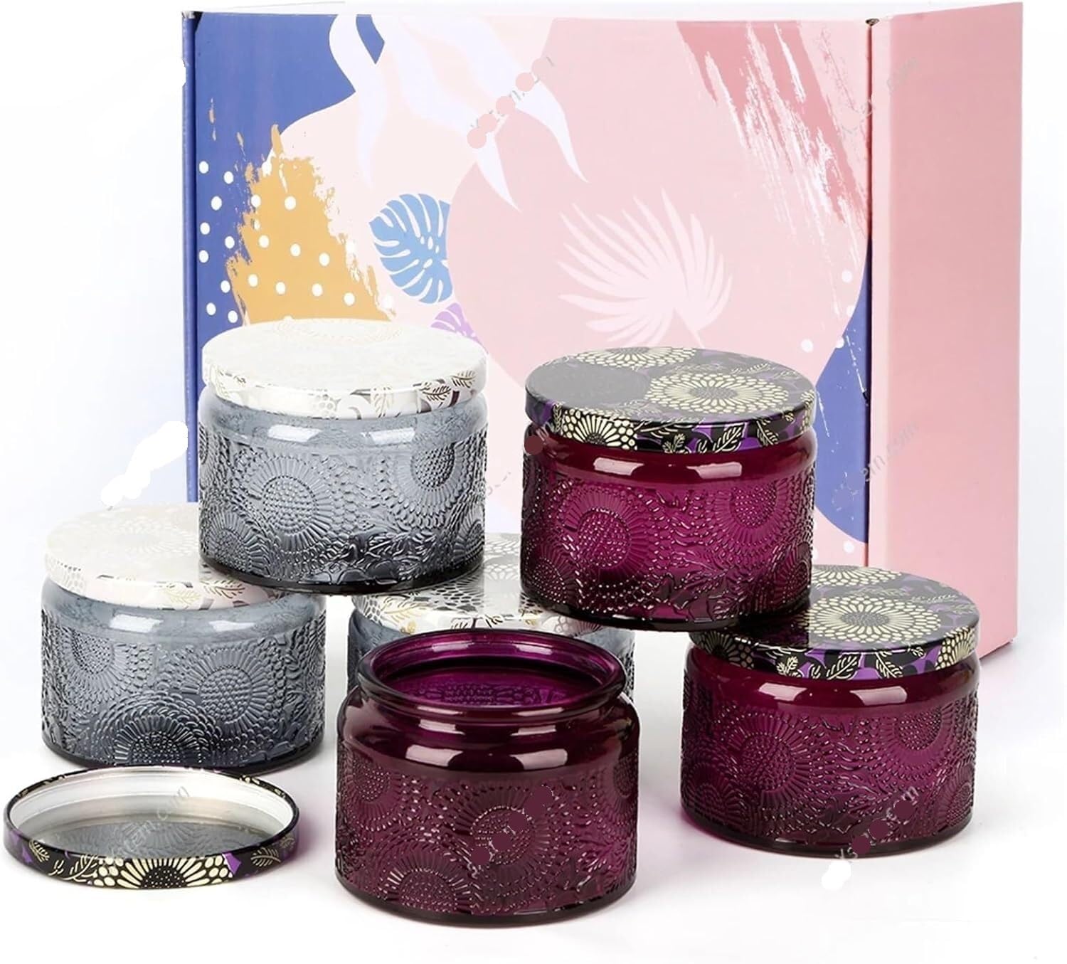 CQAHDSEVF Candle Containers, 6pcs Glass Empty Candle Jars with Lids 120ml Aromatherapy Candle Making Multicolor(Gray Purple)