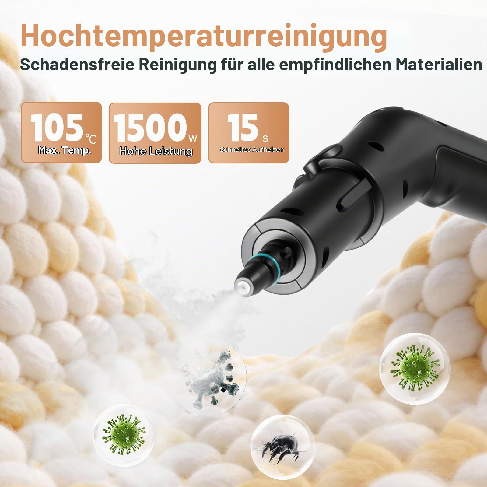 Dampfreiniger, Dampfreiniger handgerät, 1500 W, Handdampfreiniger, schnelles Aufheizen in 15 Sekunden, 1,8 l Wassertank, mit 12 Zubehörteilen für Autos, Schwarz (halten Sie 3S bis zum Start)