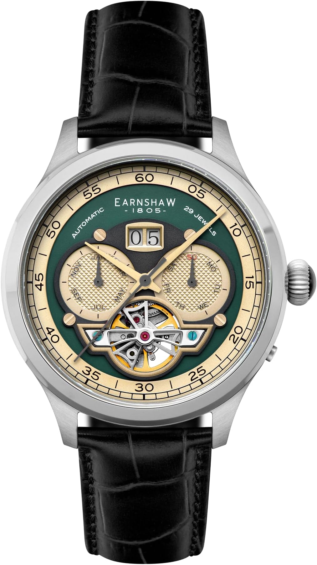 Baron Men's Watch – Automatic Open-Heart Movement, Grand Date Calendar, 43mm Stainless Steel Case, Leather Strap, 50m Water Resistant, ES-8187