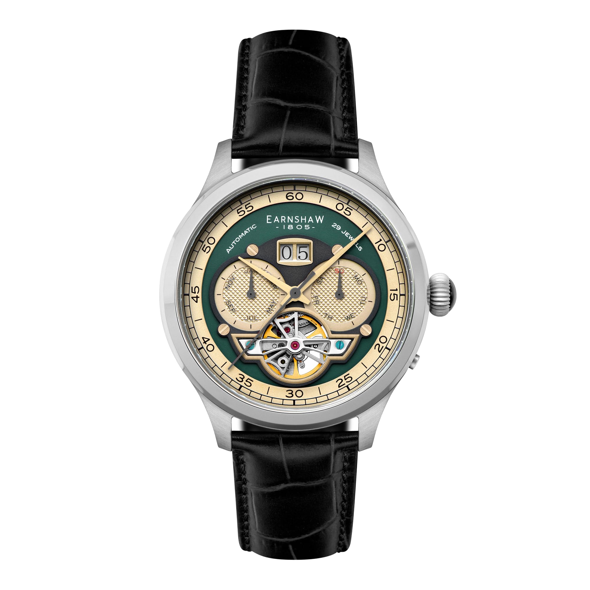 Thomas Earnshaw Baron Men's Watch – Automatic Open-Heart Movement, Grand Date Calendar, 43mm Stainless Steel Case, Leather Strap, 50m Water Resistant, ES-8187