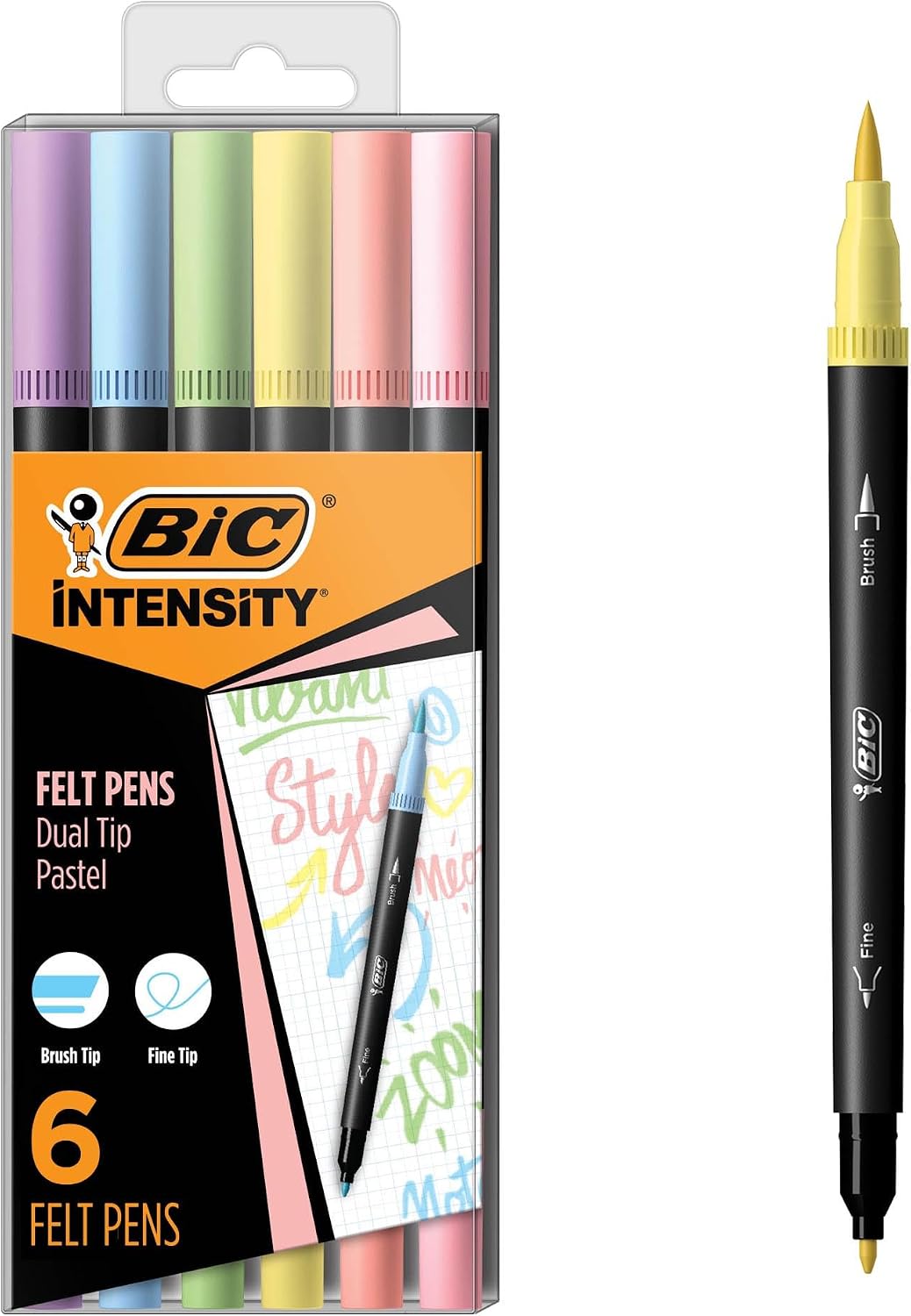 BIC Intensity 2 in 1 Dual Tip Fineliner Pens, Fine Tip (0.7mm) and Flexible Brush (3.7mm), Assorted Pastel Colors, 6-Count Pack