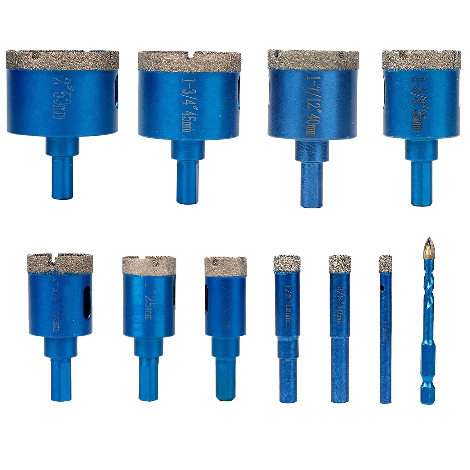 Qivine 10Pcs Diamond Hole Saw Kit, 1/4" to 2" Serrated Brazing Tile Hole Saw Kit, Diamond Glass Core Drill Bit with Durable Sharp Dry/Wet Drills for Ceramic, Glass, Tile, Stone, Pots