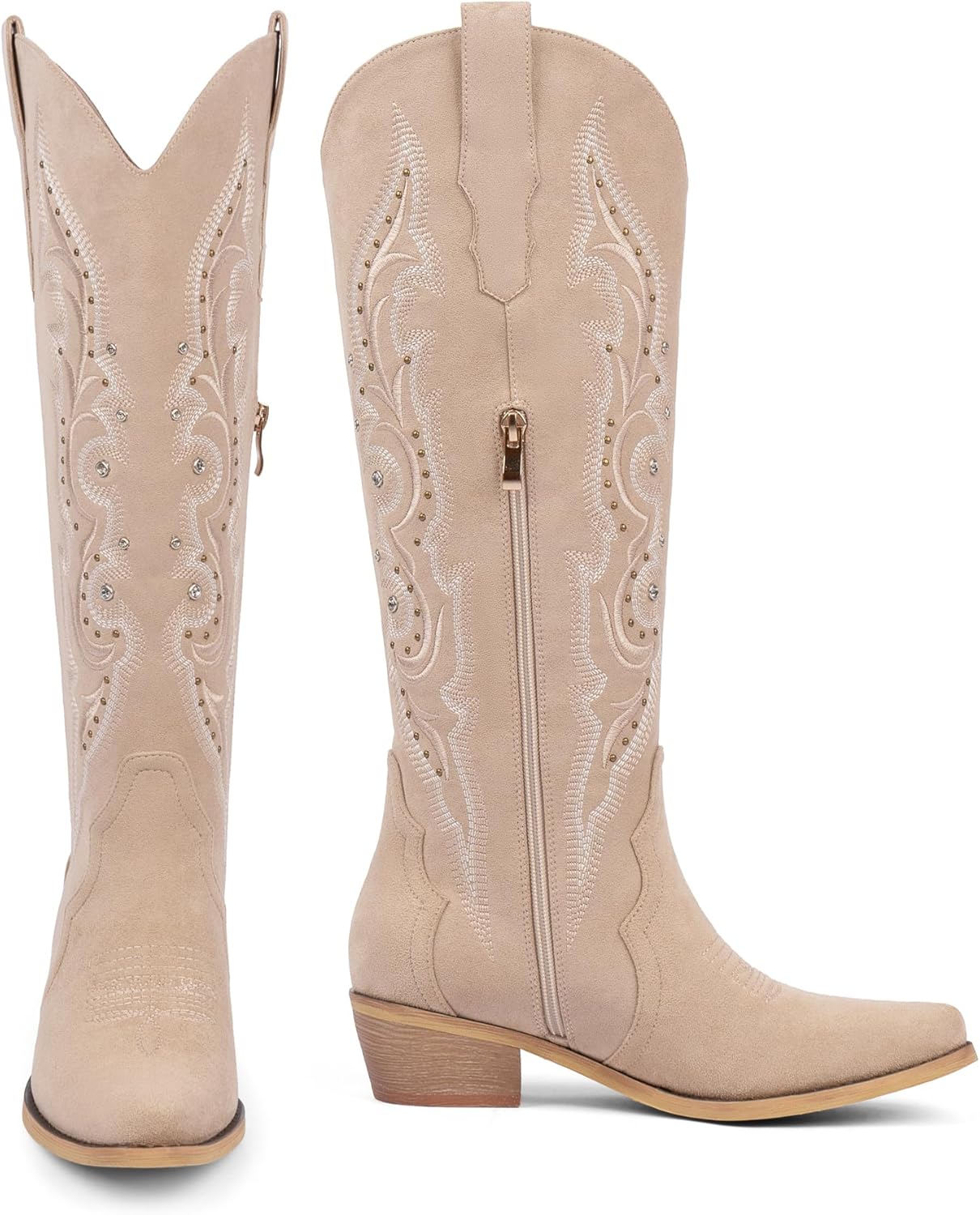 Knee High Cowboy Boots for Women Rhinestone Cowgirl Boots, Trendy Embroidered Western Boots with Almond Toe Side Zipper and Chunky Heel