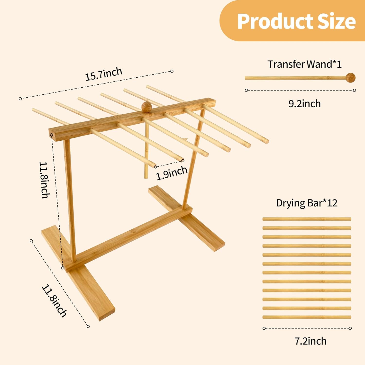 Bamboo-Pasta-Drying-Rack with Transfer Wand & 12 Arms, Large Collapsible Fresh Pasta Dryer Holder for Homemade Noodle, Spaghetti, Tagliatelle, Detachable Fettuccine Hanger Stand with 12 Bars - Image 3