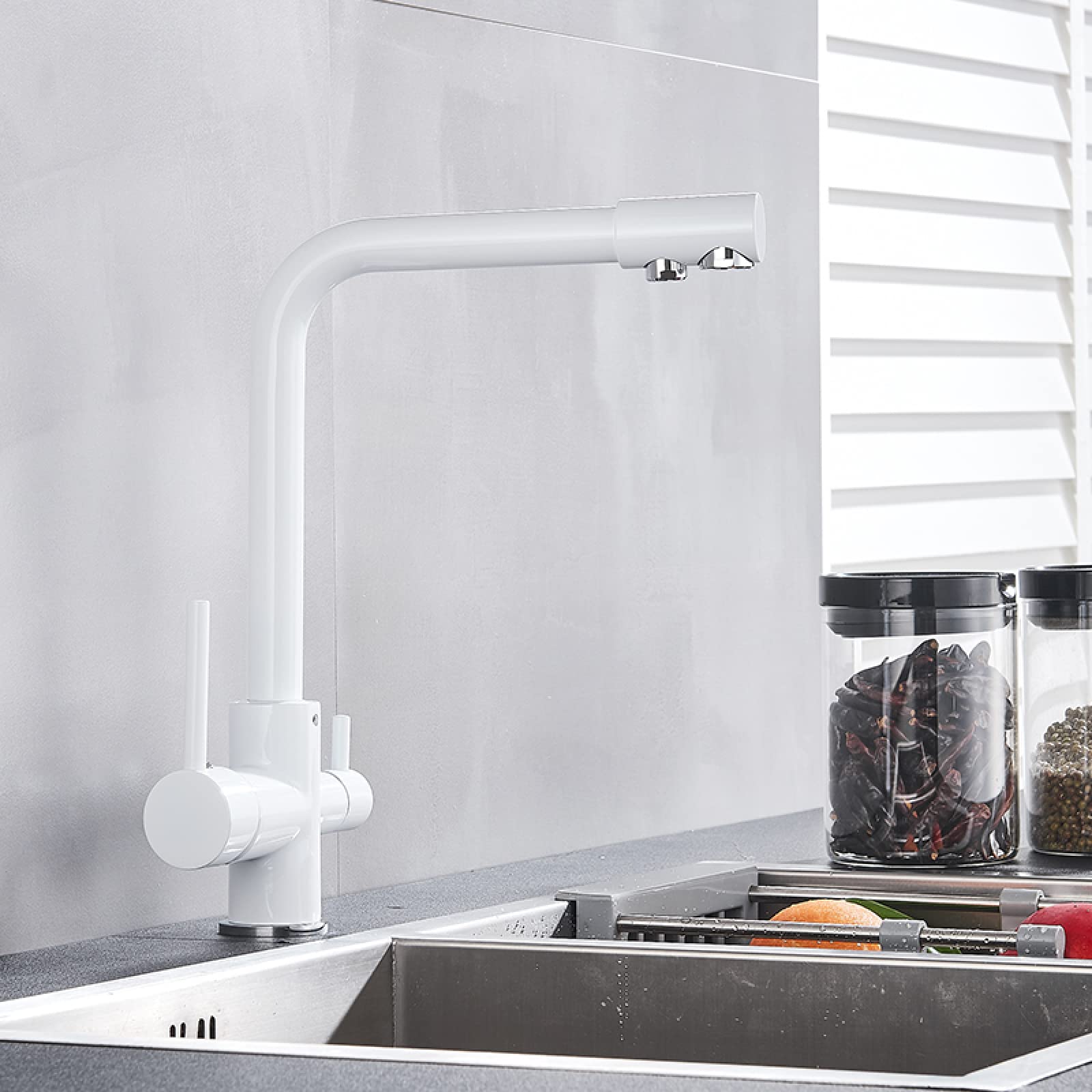 Grifo de latón blanco y negro, agua pura, cocina, doble manija, agua potable fría y caliente, filtro de 3 vías, grifos mezcladores de cocina, blanco To pursue happiness