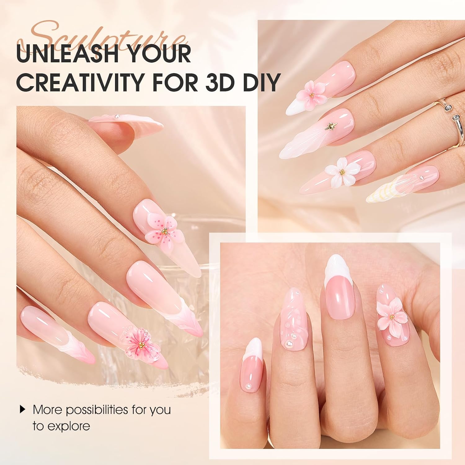 3D Gel Nail Art, Clear Sculpting Gel 3 in 1 No Wipe Polish Rhinestone Art Glue for Molding and Painting Nail Art Designs, Gems Diamond Decoration U V LED Lamp Needed DIY Home Salon-15ml