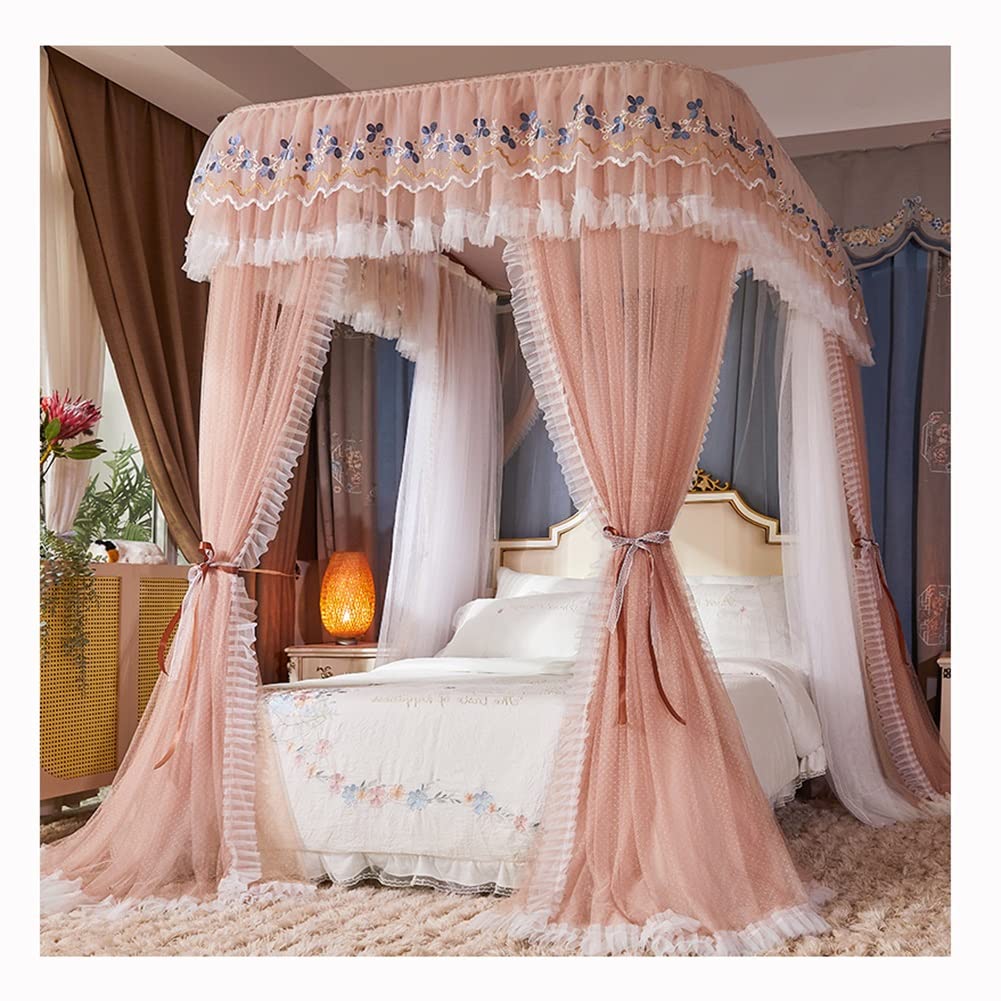 Moustiquaire à baldaquin 4 coins marron en dentelle double couche OKUOKA pour lit simple avec support