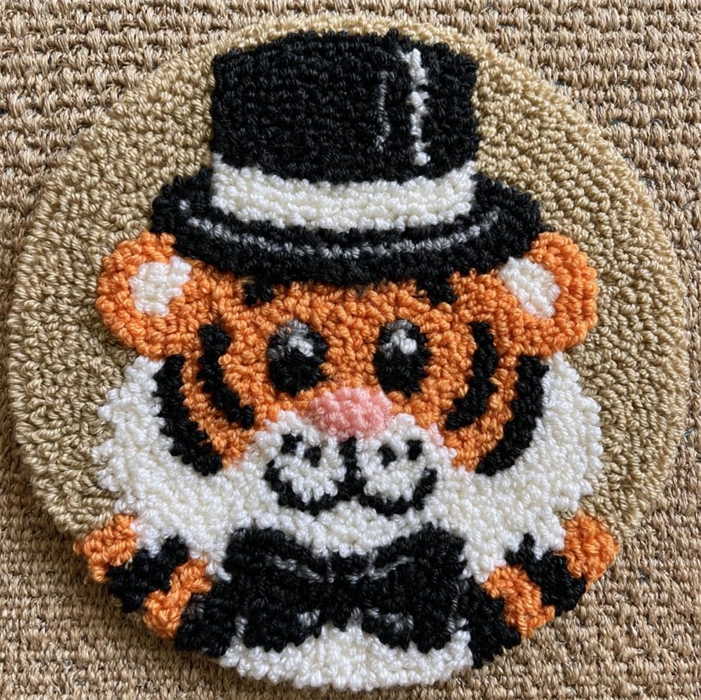 Latch Hook Kits For And Adults, Tiger Wearing A Hat 20X20Inch (50X50Cm) Diy Latch Hook Rug Kit, Cross Stitch Rug Making Kit, Carpet Making Crochet Kits Embroidery Kits Needlework Crafts For