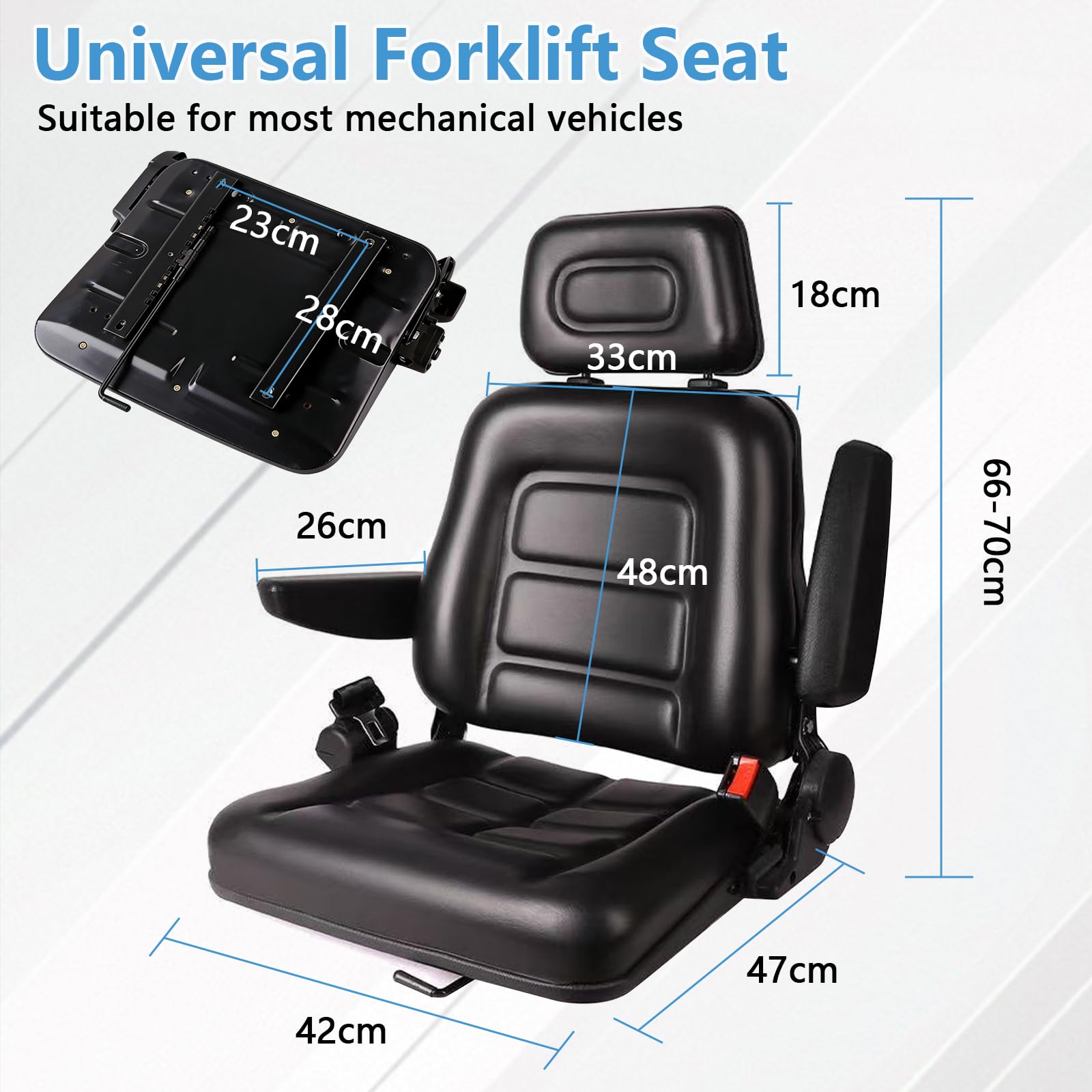 Asiento universal para tractor, asiento plegable para carretilla elevadora con respaldo ajustable y cinturón de seguridad, reposacabezas ajustable en 3 posiciones, reposabrazos plegables y rieles